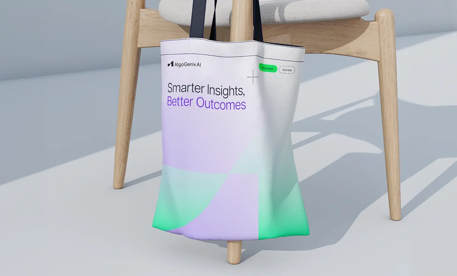 White tote bag with gradient design and AI branding text.