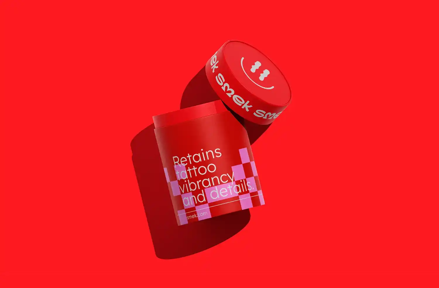 Red packaging container with white text on red background.