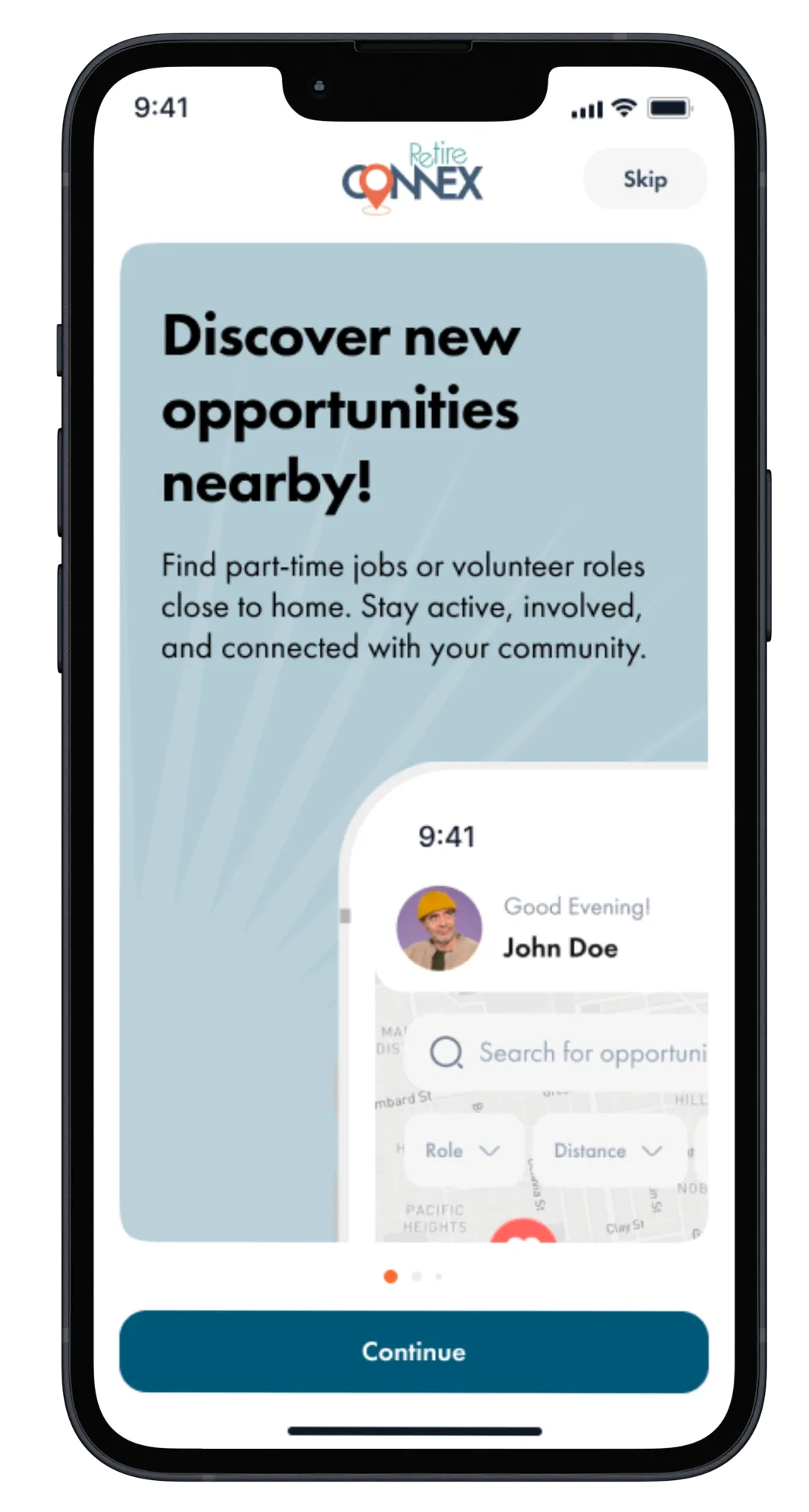 Mobile app interface inviting users to discover new nearby part-time jobs or volunteer roles, with a Continue button at the bottom.