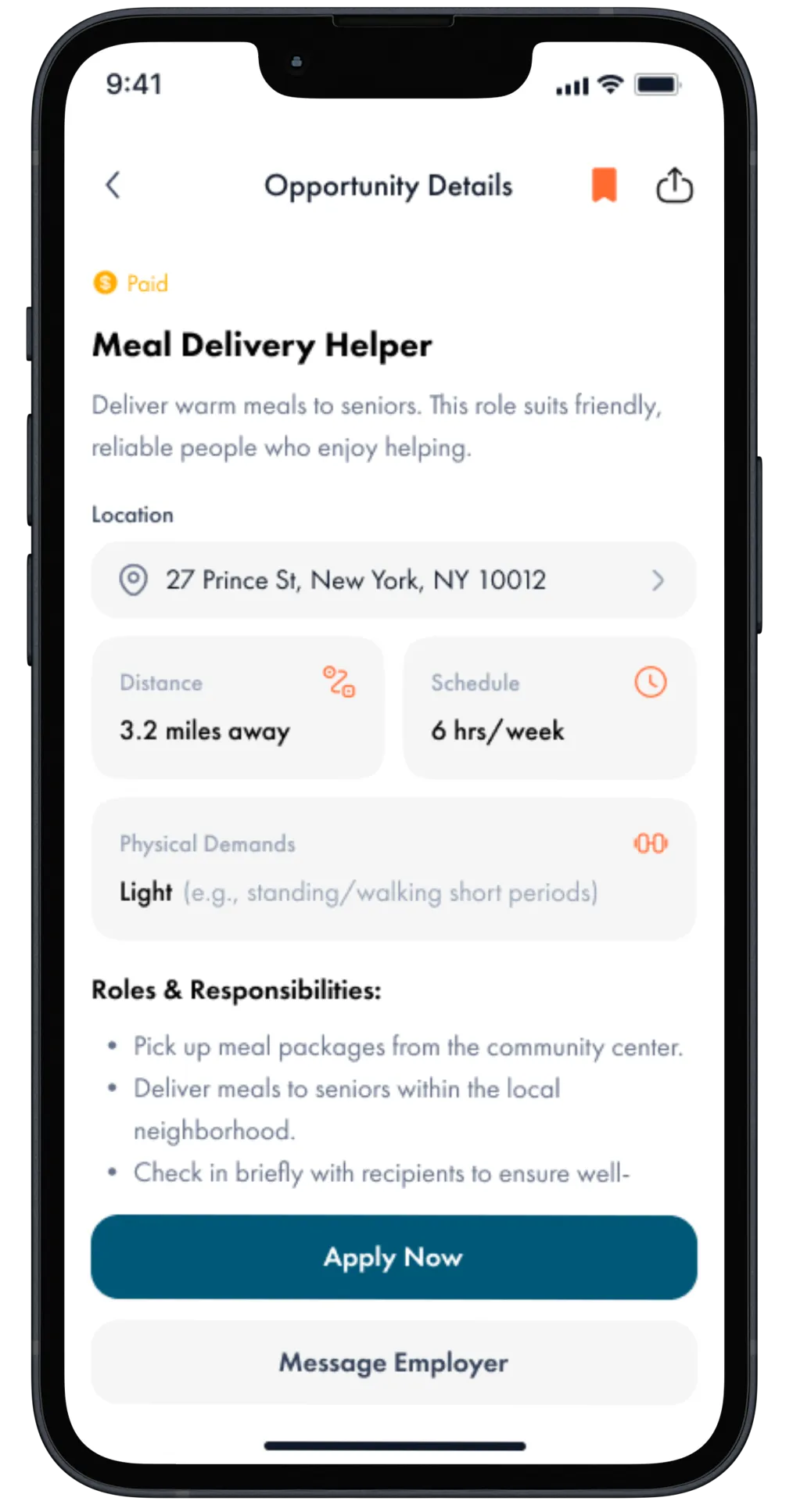 Mobile screen showing Meal Delivery Helper job opportunity with location in New York, 3.2 miles away, 6 hours per week schedule, light physical demands, and options to apply or message employer.