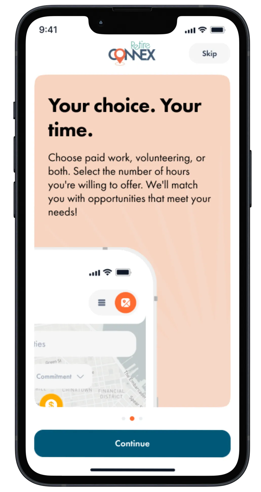 Smartphone screen showing Retire Connex app with a message about choosing paid work or volunteering hours and a Continue button.