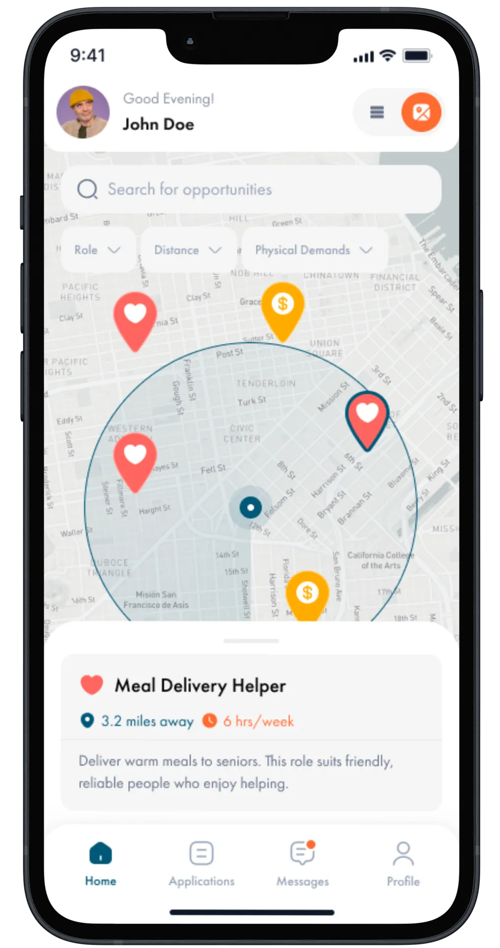 Mobile app screen showing map with opportunity pins and a highlighted Meal Delivery Helper role 3.2 miles away for 6 hours per week.
