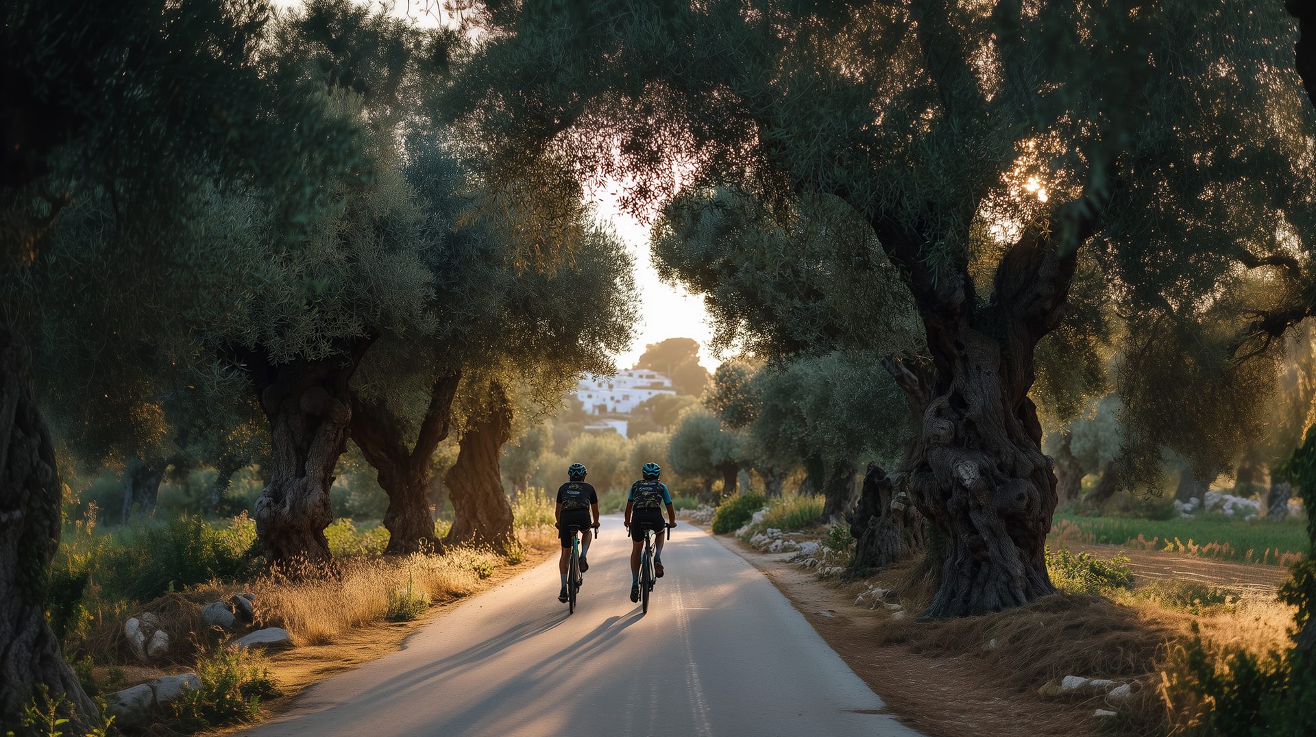 Two cyclists riding along a sun-drenched road lined with ancient olive trees in the Valle d'Itria