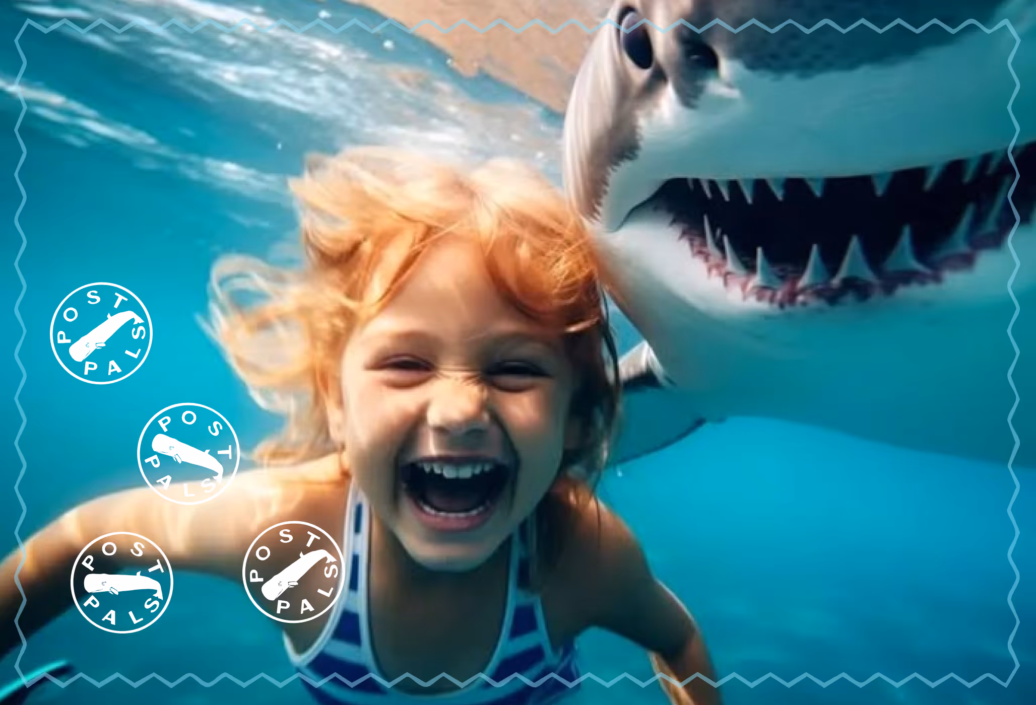 Underwater view of a smiling child swimming next to a shark. AI-generated.
