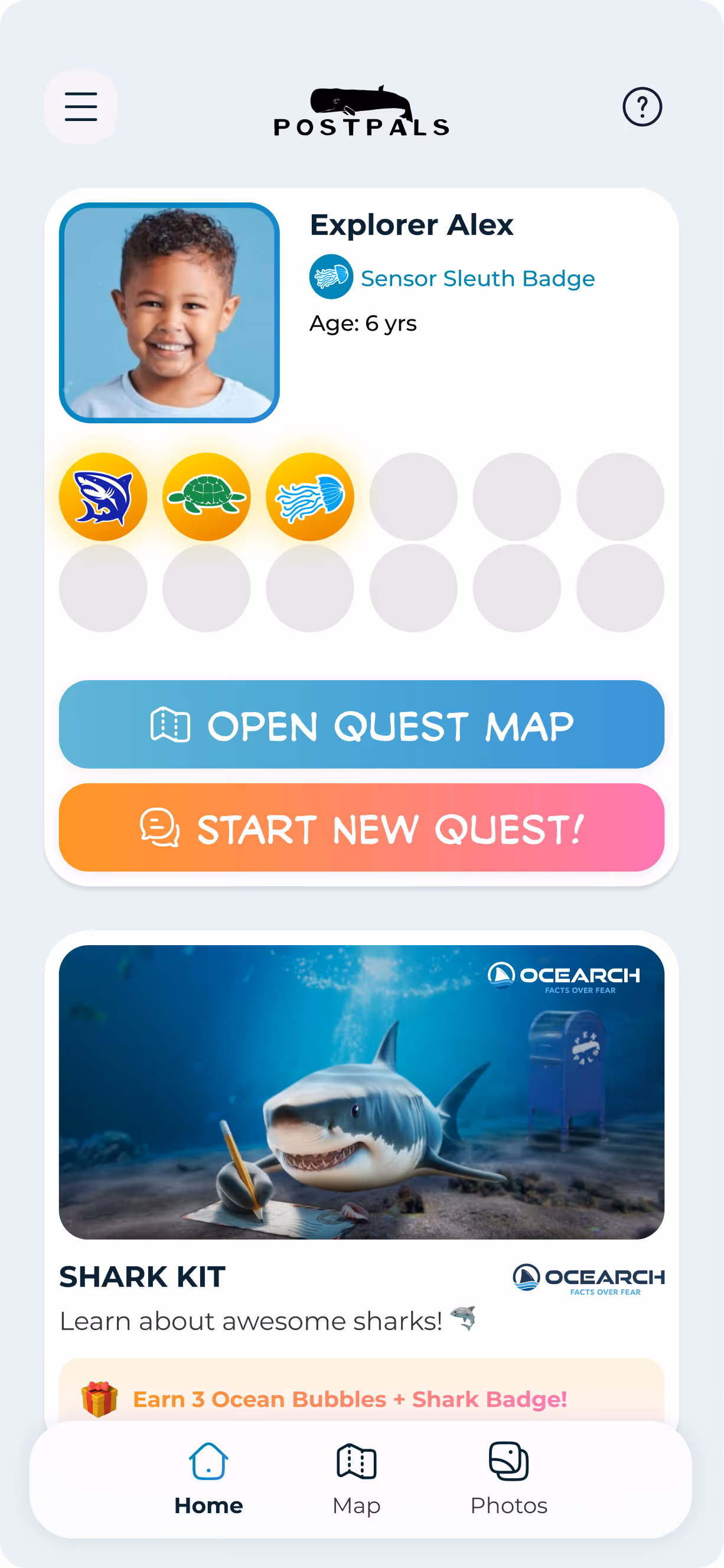 Mobile app screen showing POSTPAL Explorer App profile with badges, buttons, and quests.