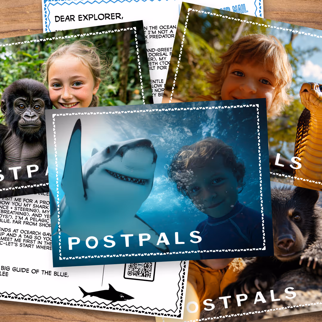 Stack of POSTPAL postcards featuring children posing with a gorilla, a snake, a bear cub, and an underwater shot with a shark. Postcard images are AI-generated.