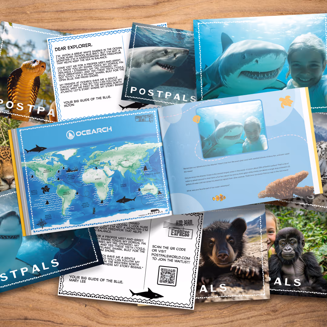 Collage of POSTPAL postcards and open book pages featuring sharks.