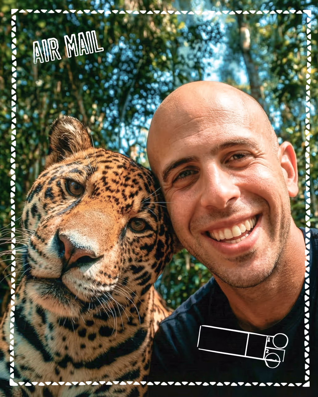 Jeremy Bergstein posing closely with a leopard in a forest setting. AI-generated.