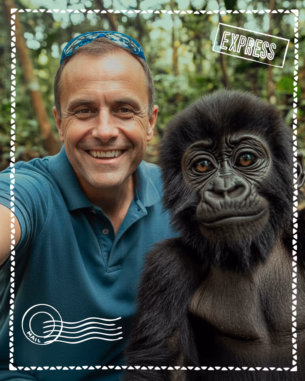 Nick Godfrey taking a selfie with a young gorilla in a forest setting. AI-generated.