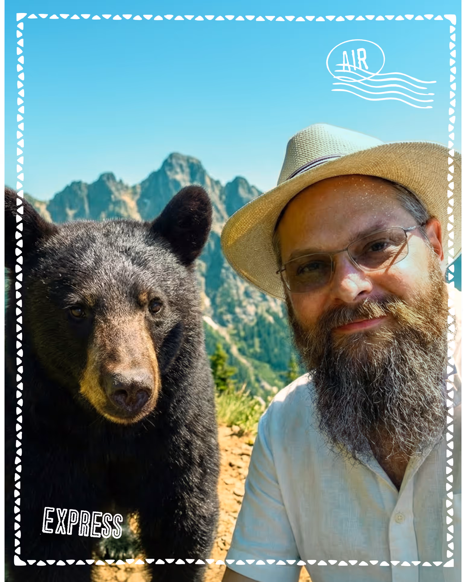Andrew Zeneski with a black bear in a mountainous outdoor setting. AI-generated.