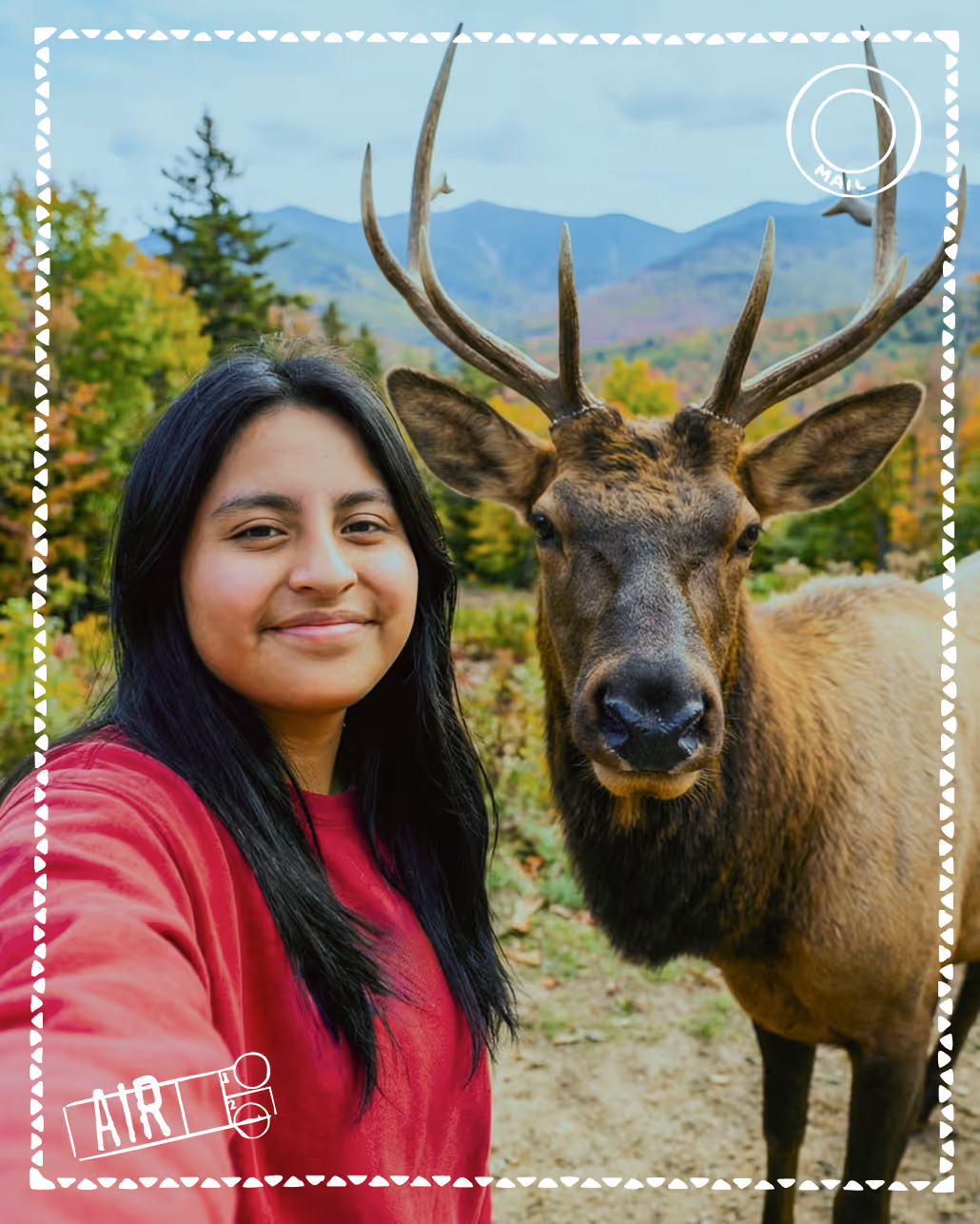 Mya Von Behren with a large elk in front of a scenic forest and mountain background. AI-generated.