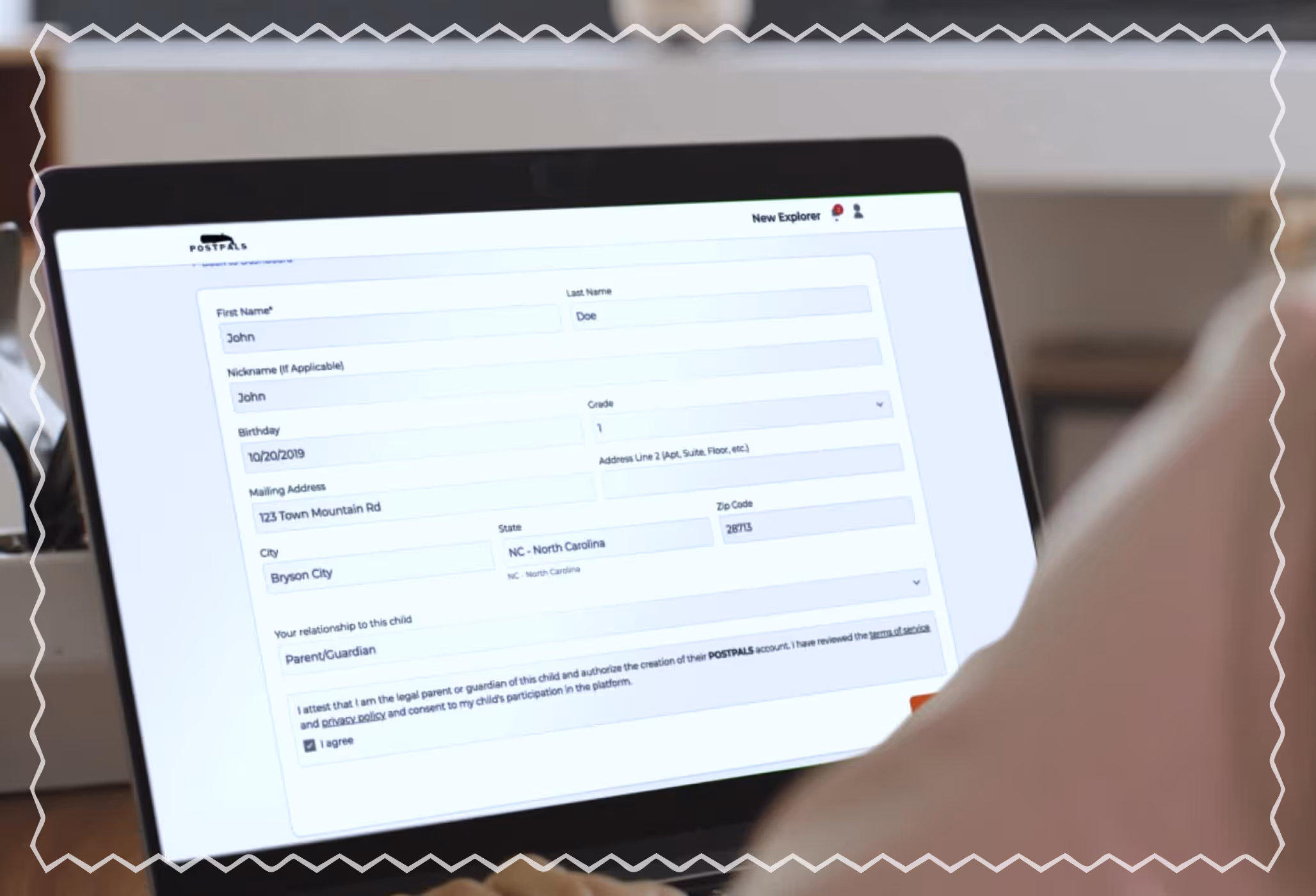 Laptop screen displaying POSTPALS online registration form with fields for registering an explorer.