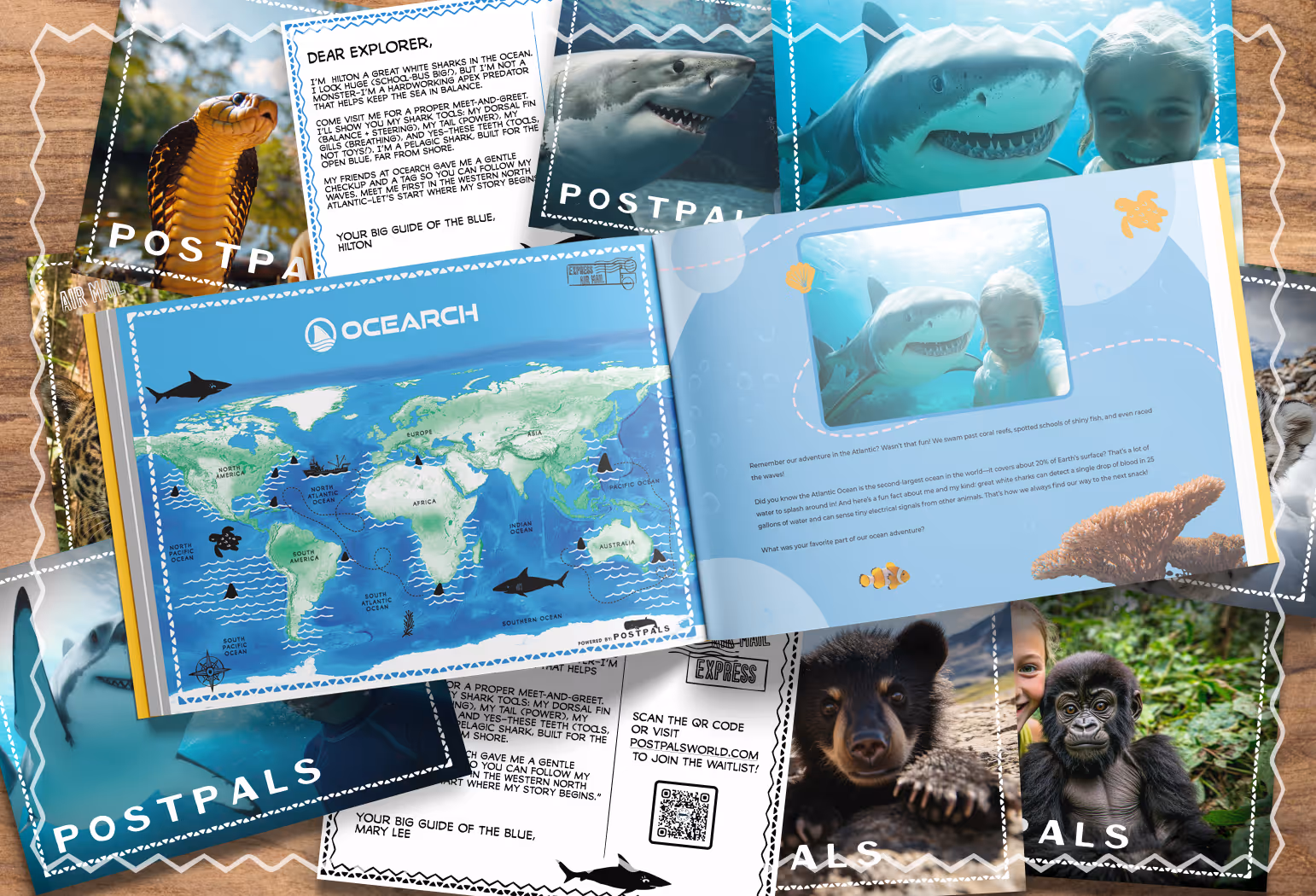 Educational victory journal propped up against colorful POSTPALS postcards featuring wildlife animals and young explorers.