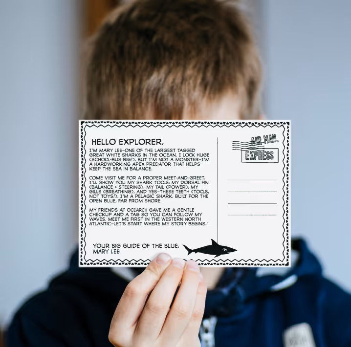 Child holding a POSTPALS postcard with a message from Mary Lee, a great white shark, describing her features and inviting to meet in the Western North Atlantic.