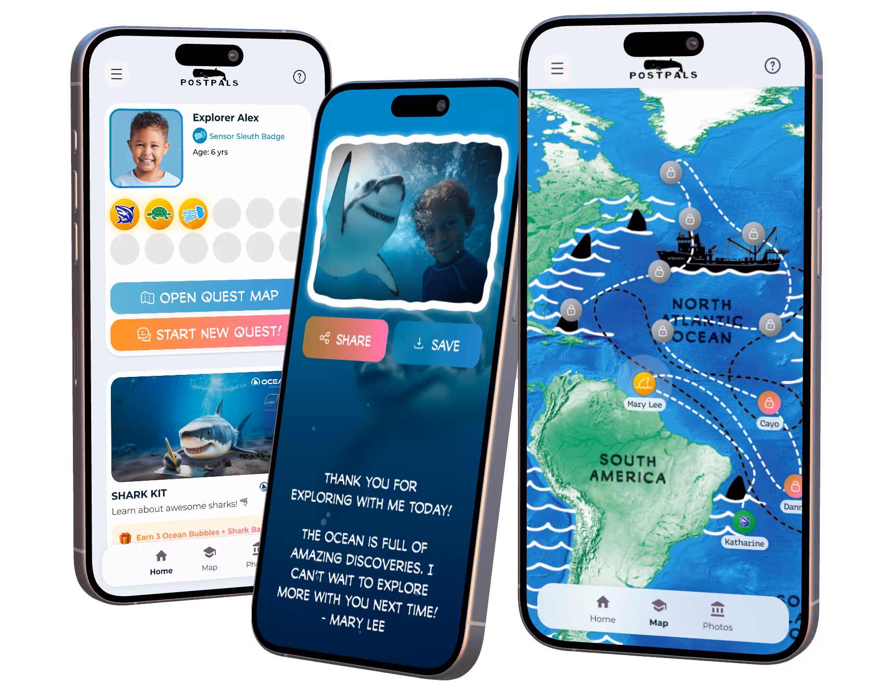 Three smartphones showing the POSTPALS exploration app with a profile, underwater photo with shark, and interactive map.