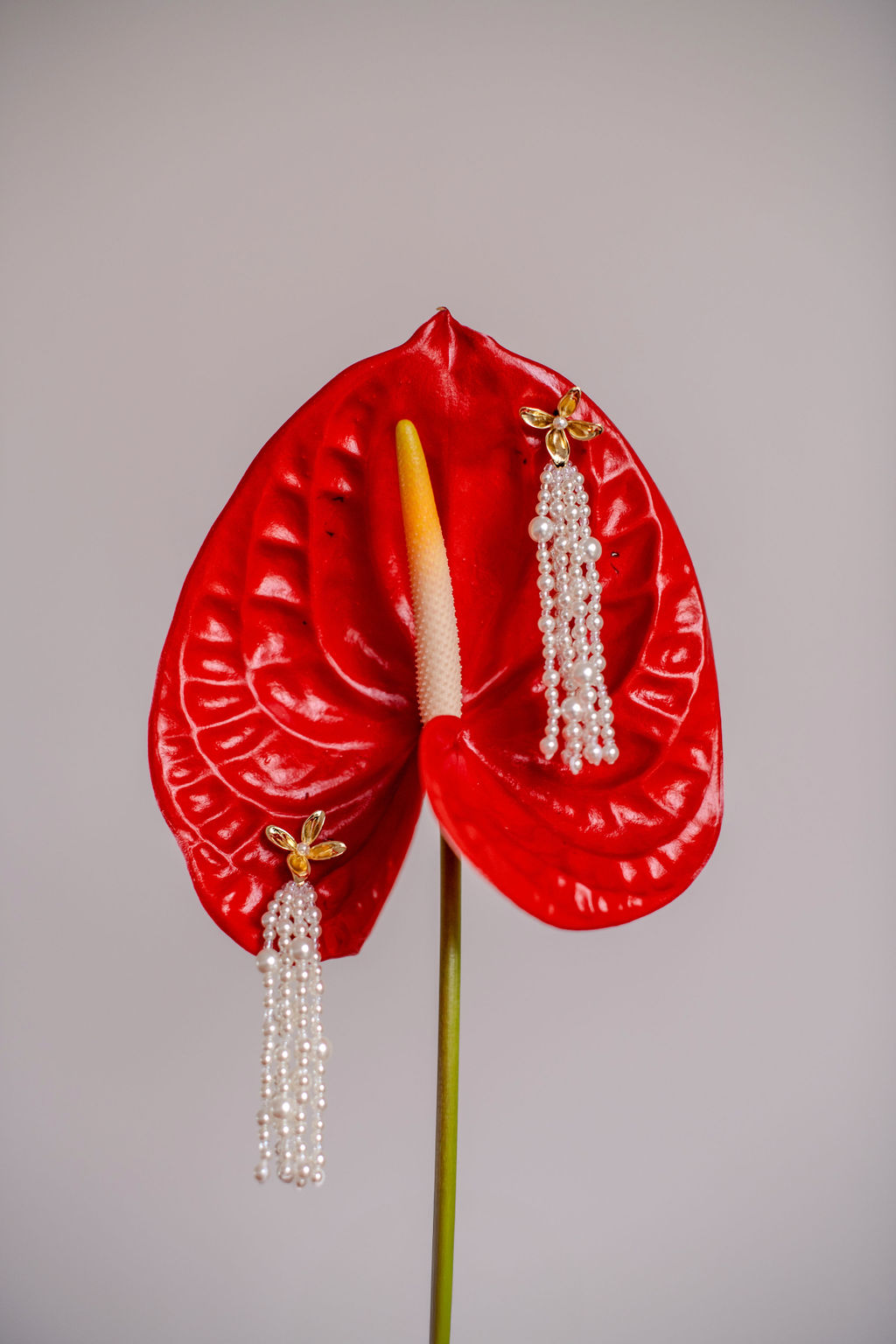 Photo de bijoux avec fleur d'anthurium lors d'un shooting mode mariage