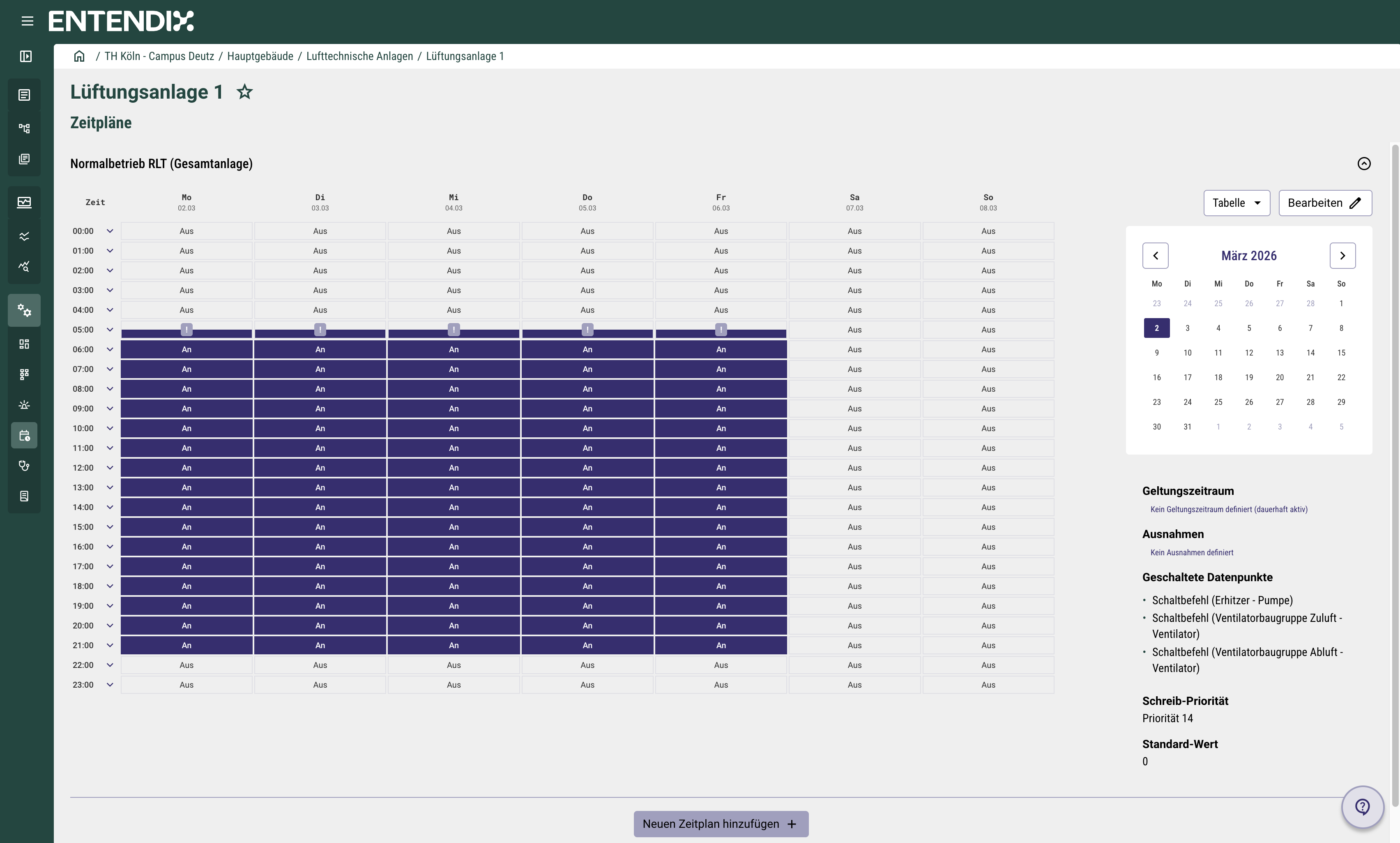 Zentrale Verwaltung von Zeitprogrammen und Betriebszeiten