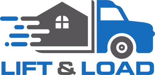 Blue and gray delivery truck icon with a house symbol in motion and text 'LIFT & LOAD'.