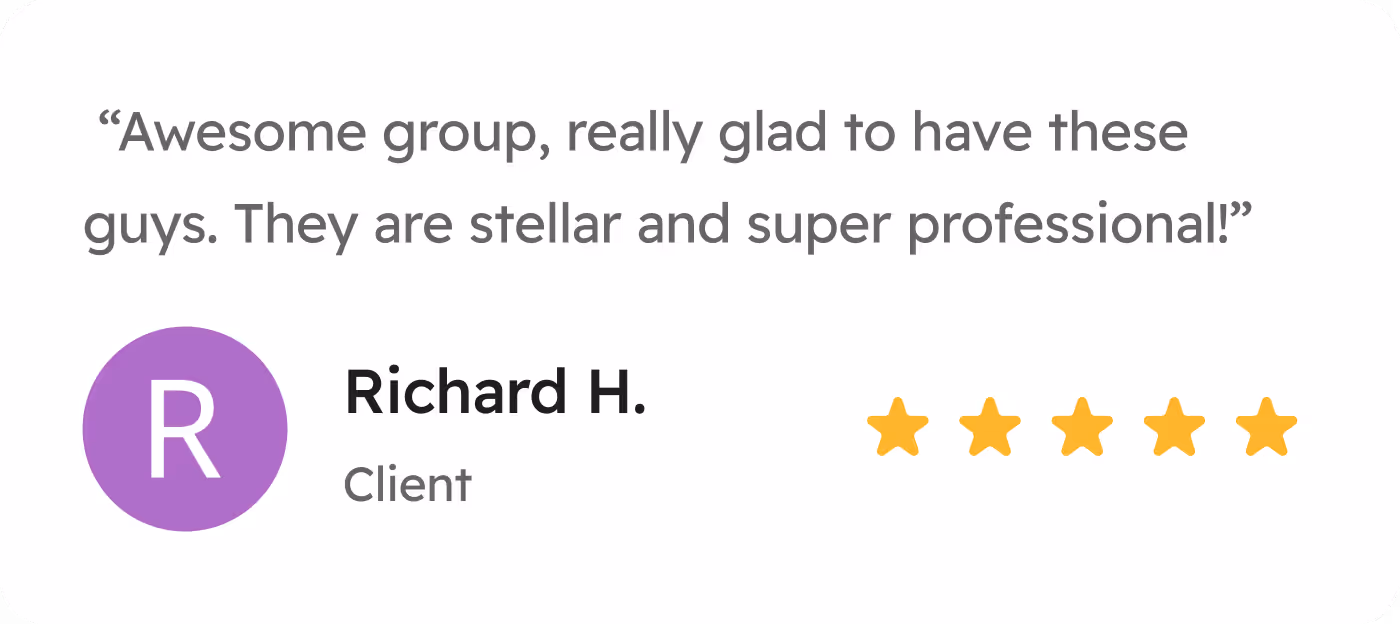 Client testimonial praising a group as stellar and super professional by Richard H., with a five-star rating.