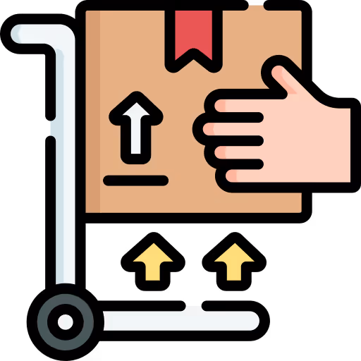 Hand placing a sealed cardboard box with an upward arrow symbol onto a gray hand trolley.