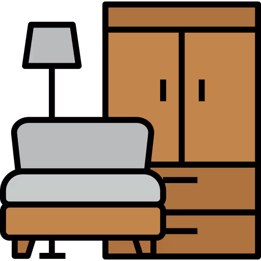 Illustration of a gray sofa with wooden legs next to a wooden wardrobe and a small wall lamp.