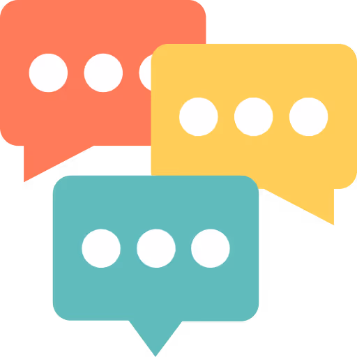 Three overlapping speech bubbles in red, yellow, and teal, each containing three white dots representing typing or conversation.