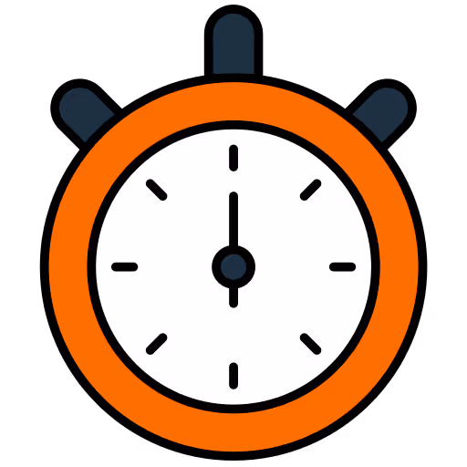 Illustration of a stopwatch with an orange outer ring and black buttons, showing the time at exactly 12:00.