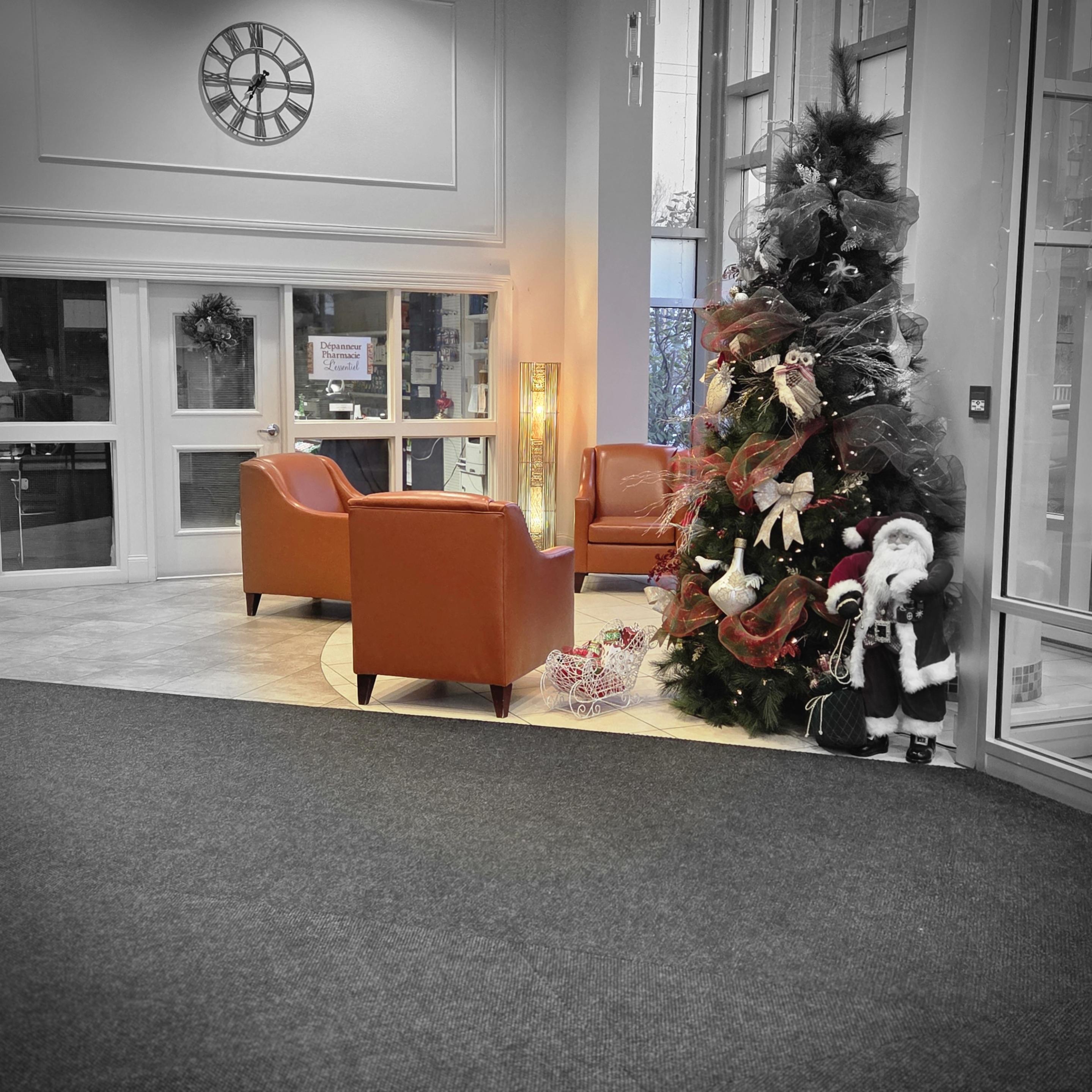 Lobby decorated for Christmas