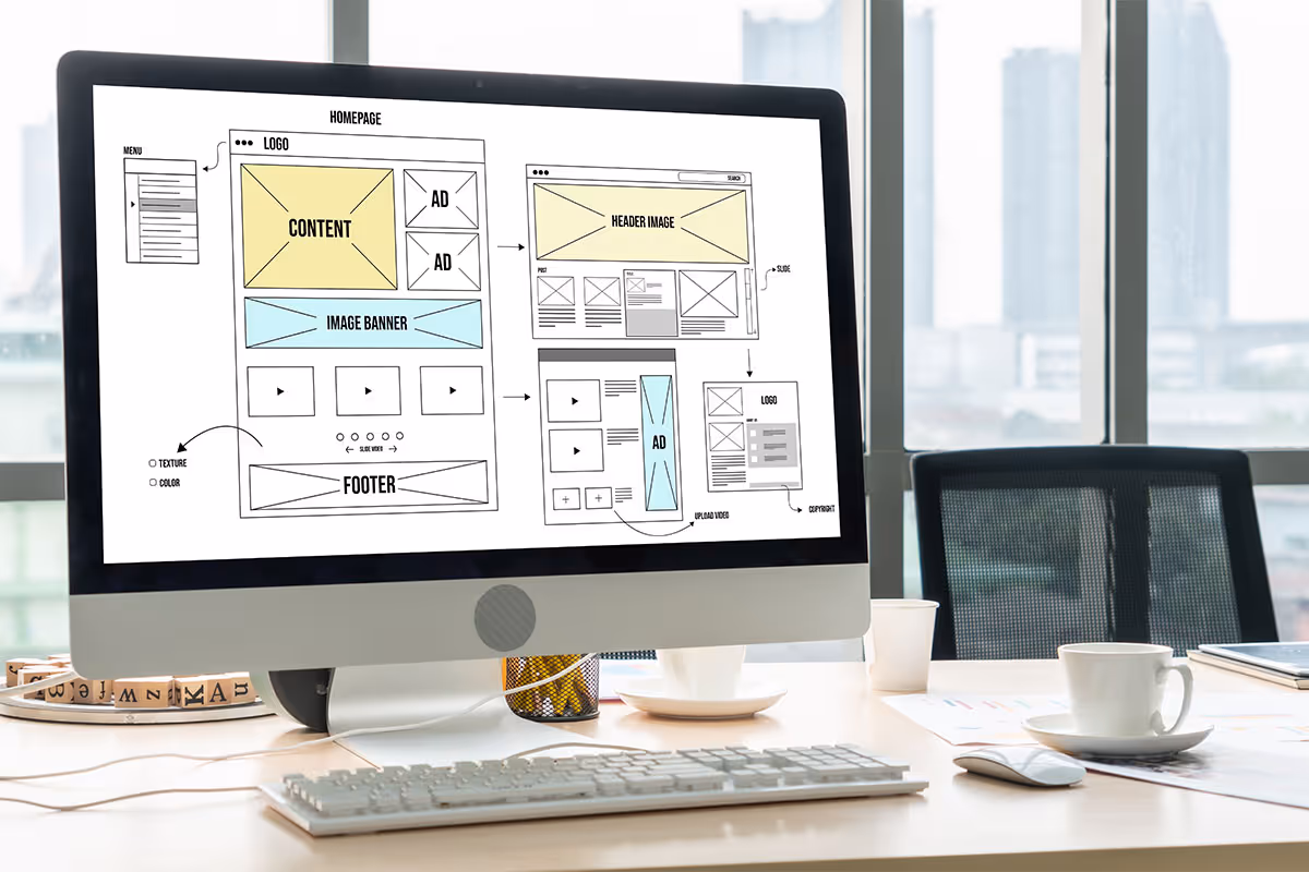 A website design wireframe showing the site's structure on a computer screen, including reference to mobile optimization, preparing to hand-over to web developer.