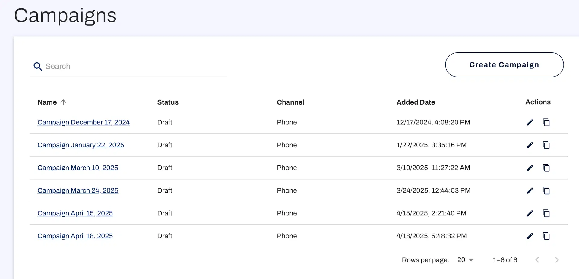 Campaigns page displaying a table of six phone campaigns, all in draft status, with names, added dates ranging from December 2024 to April 2025, and actions to edit or duplicate. A 'Create Campaign' button appears on the top right.
