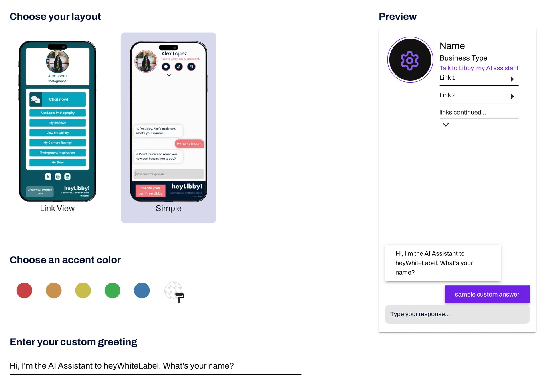 Customization interface for AI assistant showing two layout choices, Link View and Simple, accent color options, and a field to enter a custom greeting. A preview panel on the right displays how the assistant will appear with selected settings.