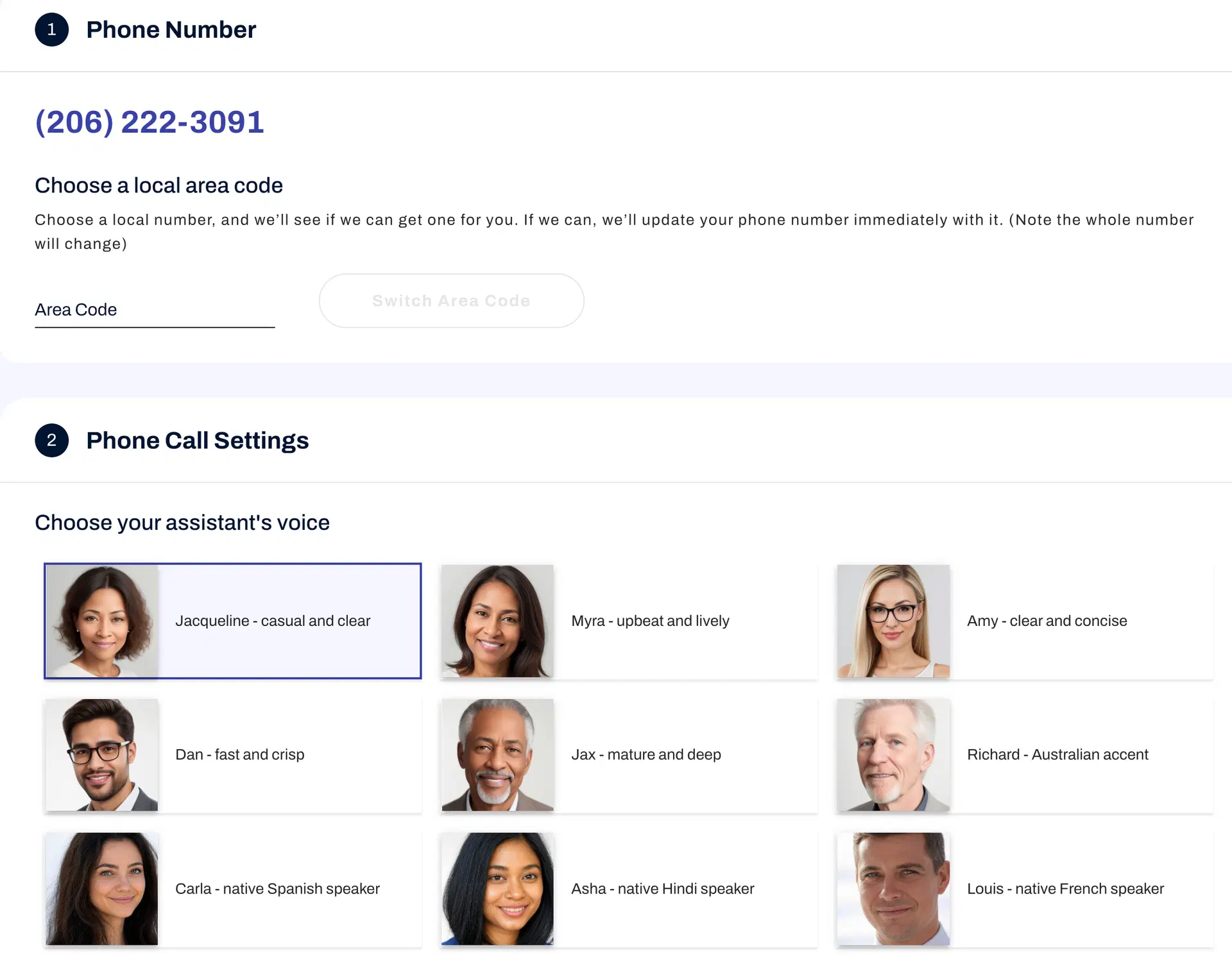 Setup screen for AI assistant with phone number and area code options, followed by a section to choose the assistant’s voice. Voice options include Jacqueline, Myra, Amy, Dan, Jax, Richard, Carla, Asha, and Louis, each with a description like casual and clear, upbeat and lively, or native speaker accents.