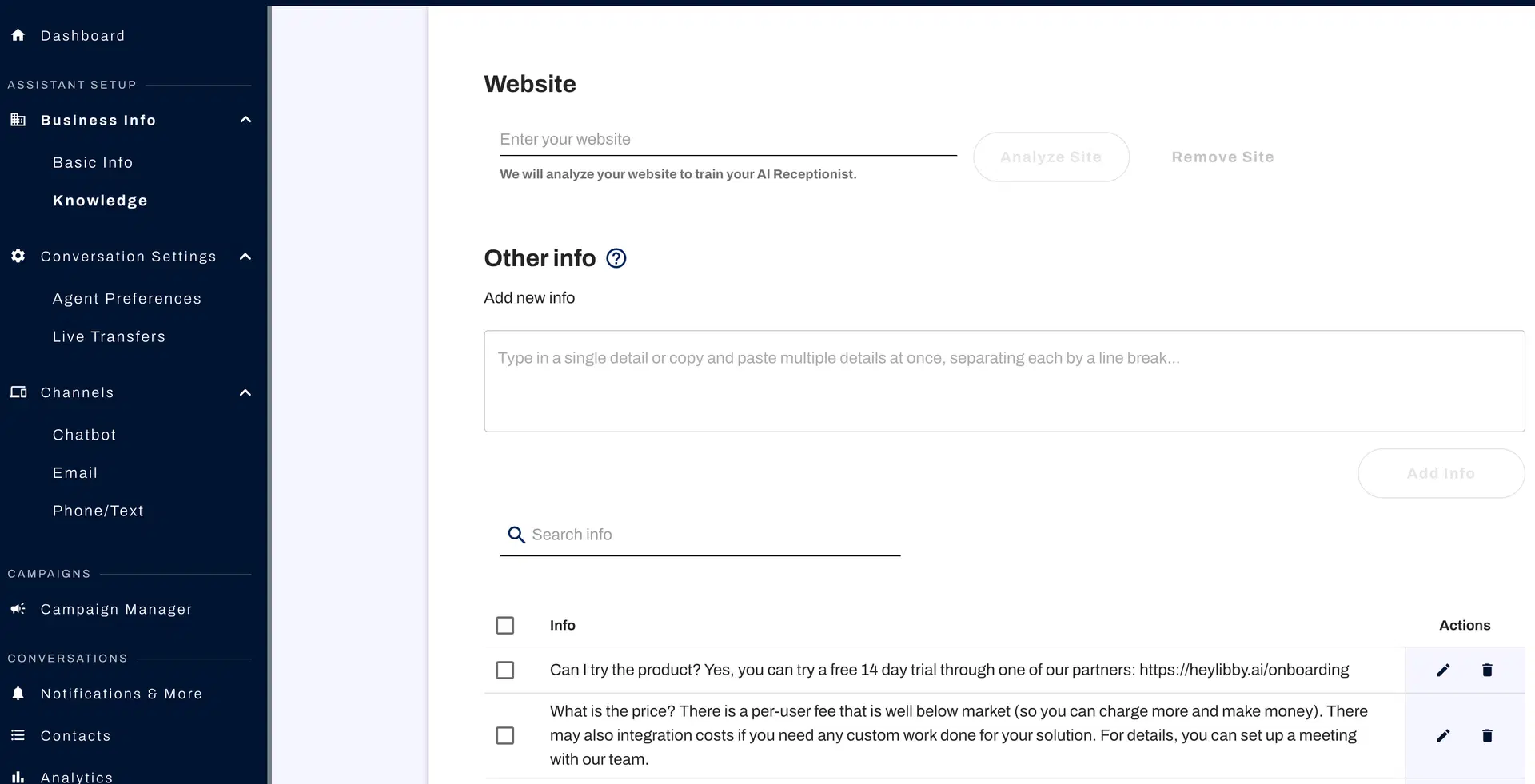 Knowledge setup interface showing a website entry field for analysis and a section to add custom information. Below, saved knowledge items include a 14-day trial link and pricing details, with options to edit or delete.