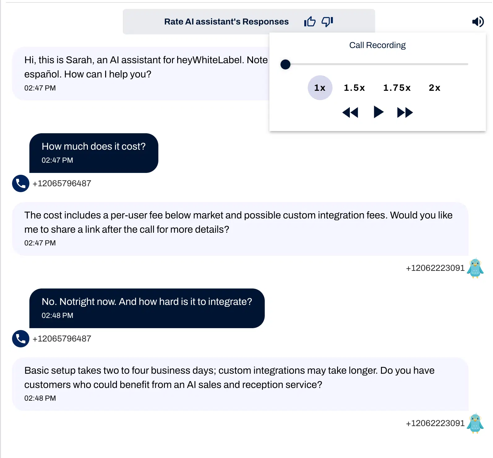 Call recording interface showing an AI assistant named Sarah responding to a customer’s questions about pricing and integration. Features include playback speed options, thumbs up/down response rating, and transcript with timestamps.