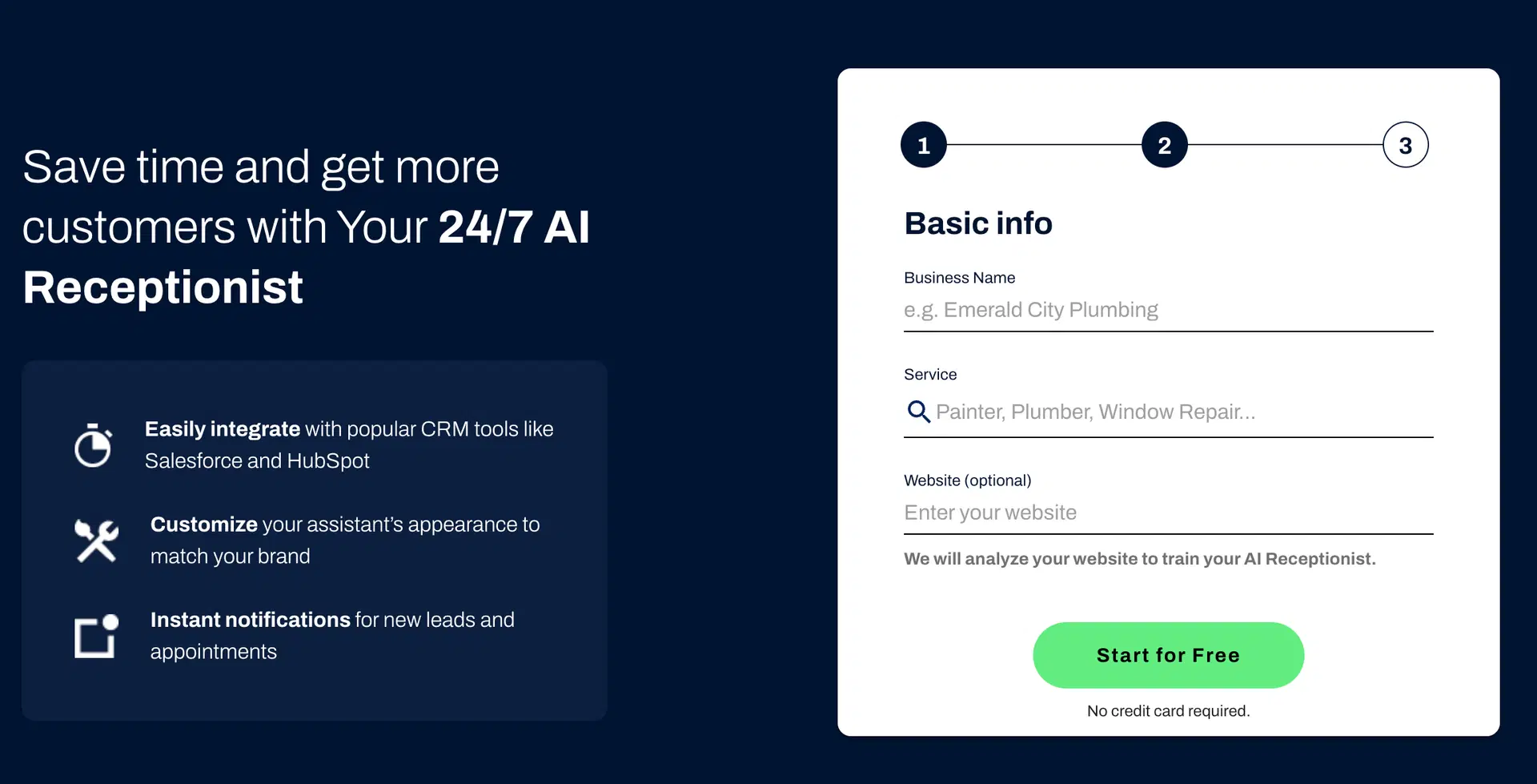 Promotional banner for a 24/7 AI receptionist showing benefits like CRM integration, customizable appearance, and instant notifications. On the right, a signup form asks for business name, service, and optional website with a 'Start for Free' button.