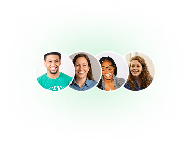 Collage of four smiling team members shown in circular profile photos on a light background.