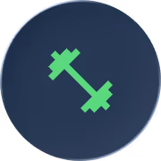 Green dumbbell icon centered on a dark blue circular background.