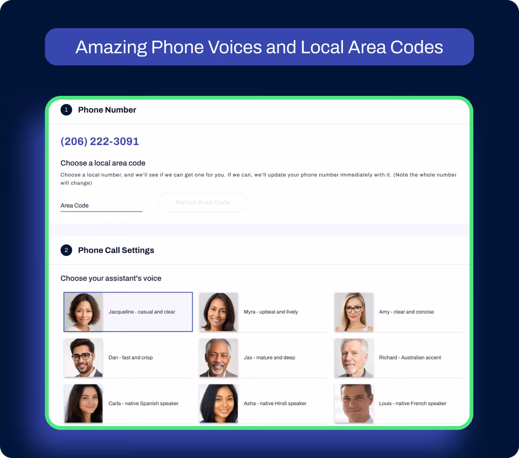 Setup screen for AI assistant with phone number and area code options, followed by a section to choose the assistant’s voice. Voice options include Jacqueline, Myra, Amy, Dan, Jax, Richard, Carla, Asha, and Louis, each with a description like casual and clear, upbeat and lively, or native speaker accents.