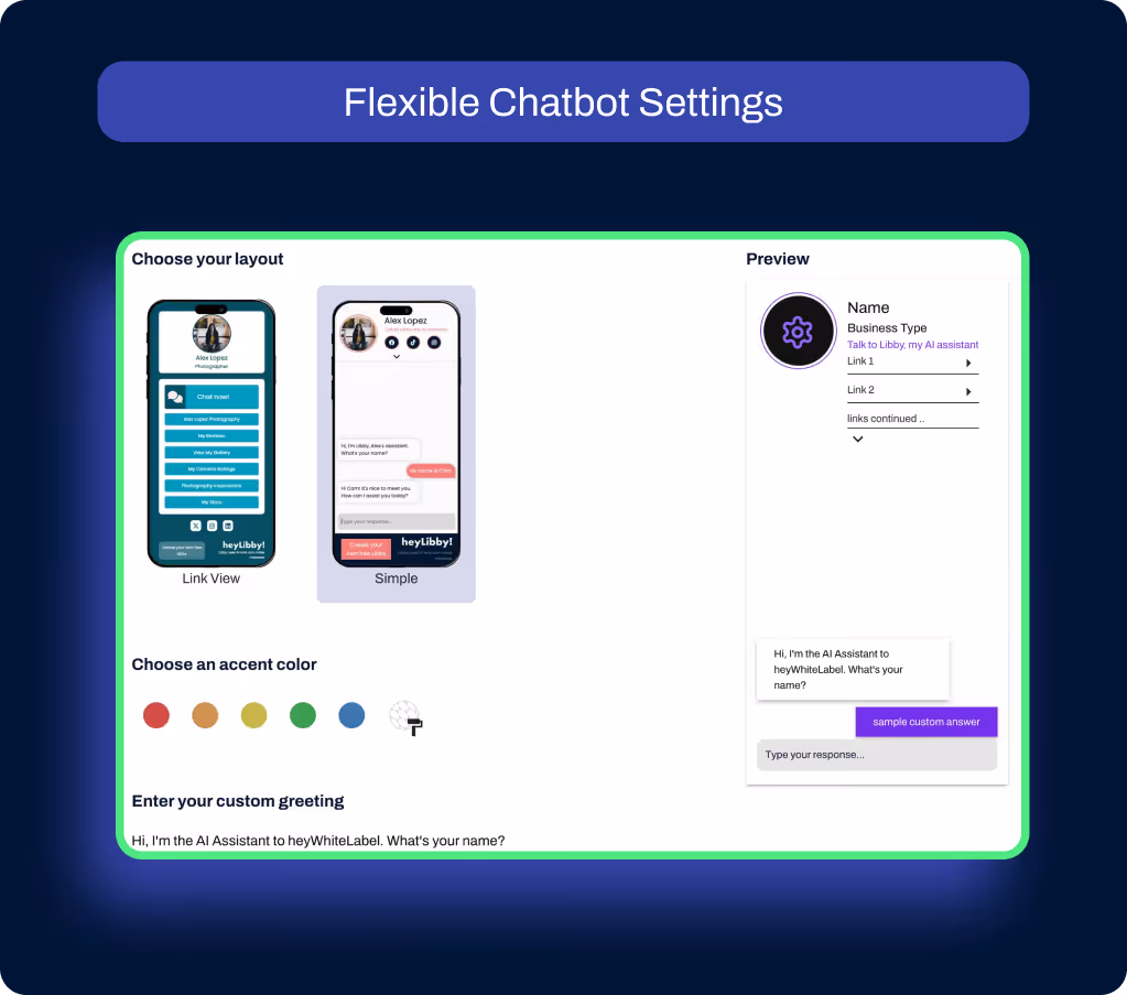 Customization interface for AI assistant showing two layout choices, Link View and Simple, accent color options, and a field to enter a custom greeting. A preview panel on the right displays how the assistant will appear with selected settings.