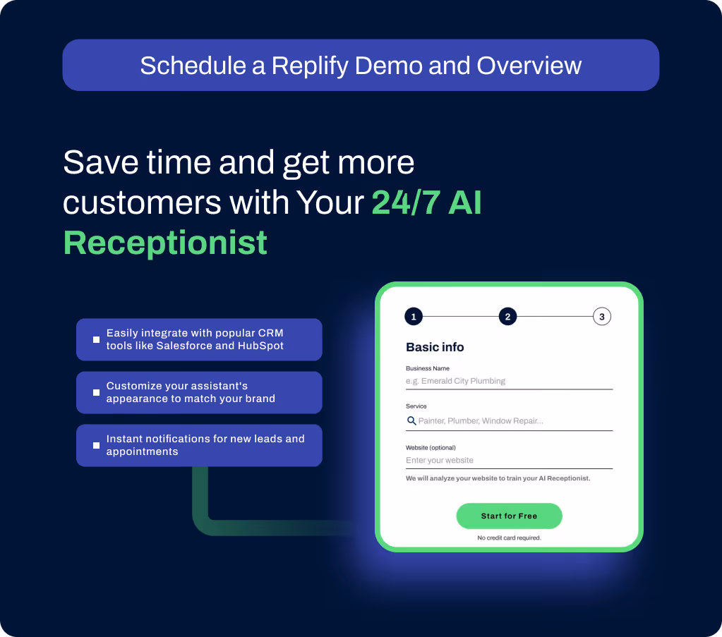 Promotional banner for a 24/7 AI receptionist showing benefits like CRM integration, customizable appearance, and instant notifications. On the right, a signup form asks for business name, service, and optional website with a 'Start for Free' button.