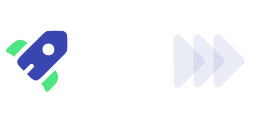 Blue rocket icon taking off with green flames and three blue forward arrows indicating fast progress.