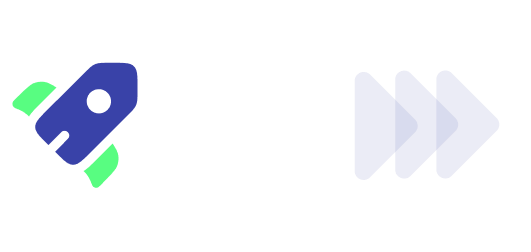 Blue rocket icon taking off with green flames and three blue forward arrows indicating fast progress.
