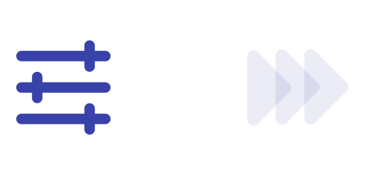 Icon of three horizontal sliders on the left and three blue forward arrows on the right.