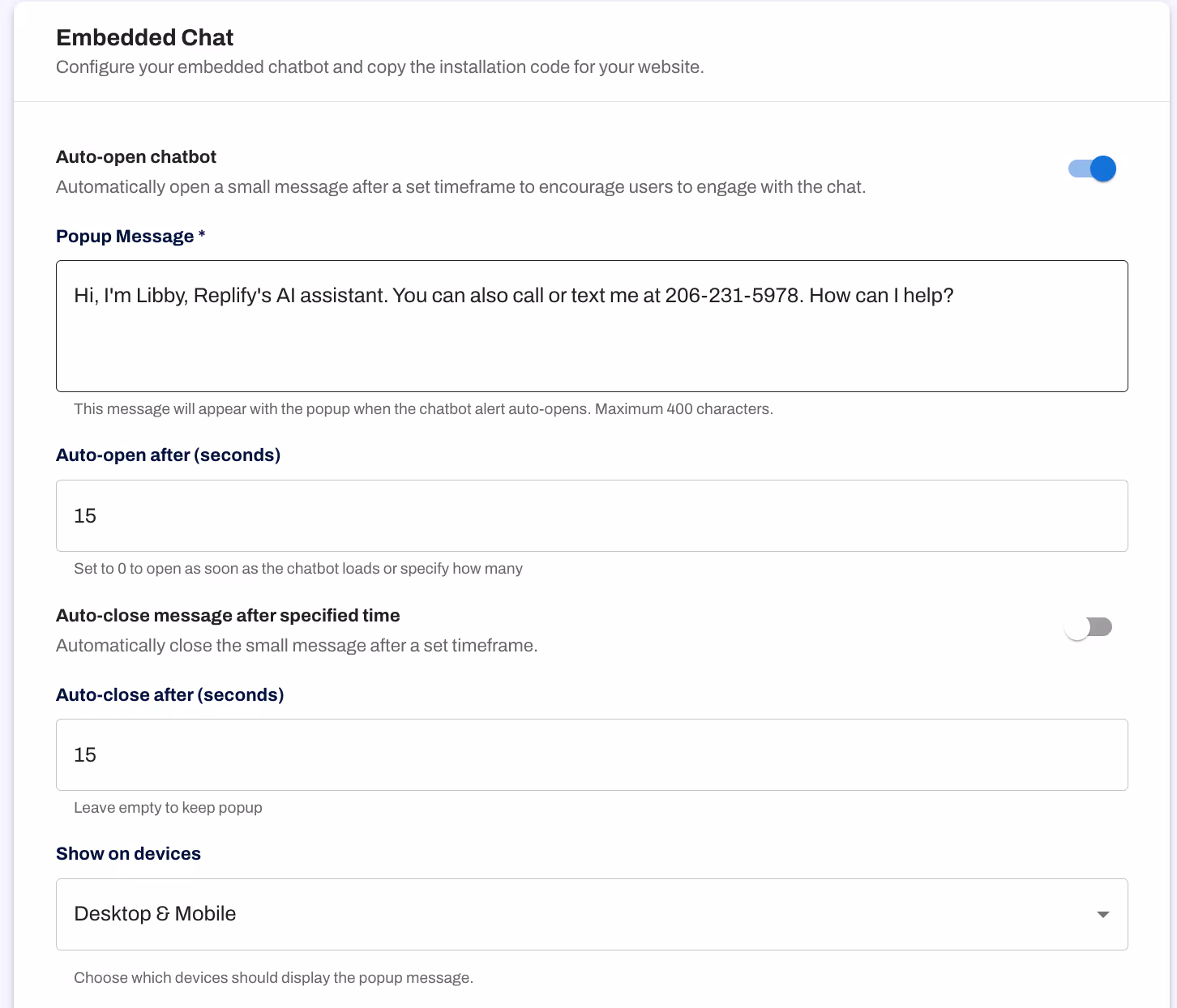 Pictured is Replify's AI embedded AI chat settings