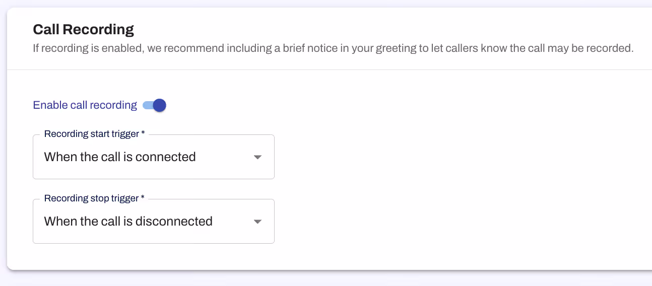 Replify AI call recording -- Better control over call recordings and live transfersPhone Settings now give you clearer control over call recordings. You can turn recordings on or off and choose to automatically stop recordings when a live transfer occurs.