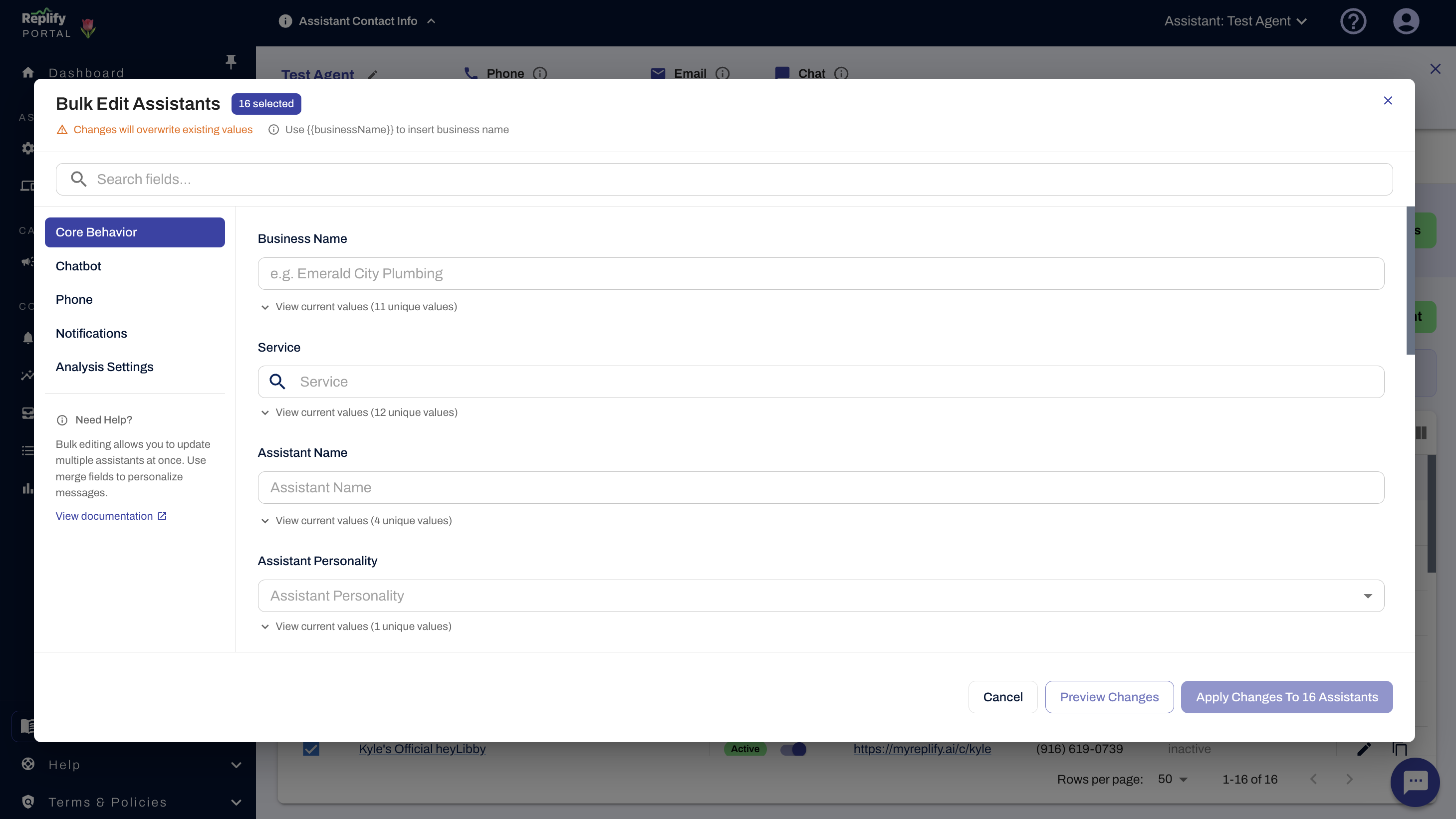 Replify bulk edit assistants interface showing 25 selected assistants with editable fields for business name, service, assistant name, and personality across core behavior, chatbot, phone, notifications, and analysis settings