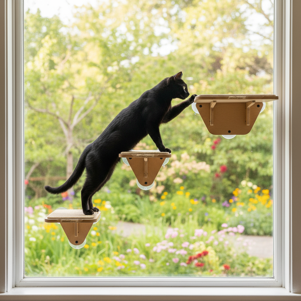 Black cat climbing a set of three triangular wall-mounted shelves on a window with a view of a colorful garden outside.