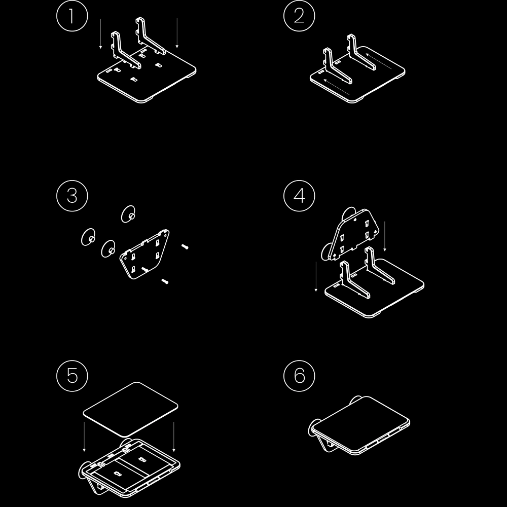 Step-by-step line drawing instructions showing assembly of a wall-mounted device holder with brackets, screws, suction cups, and a cover plate.