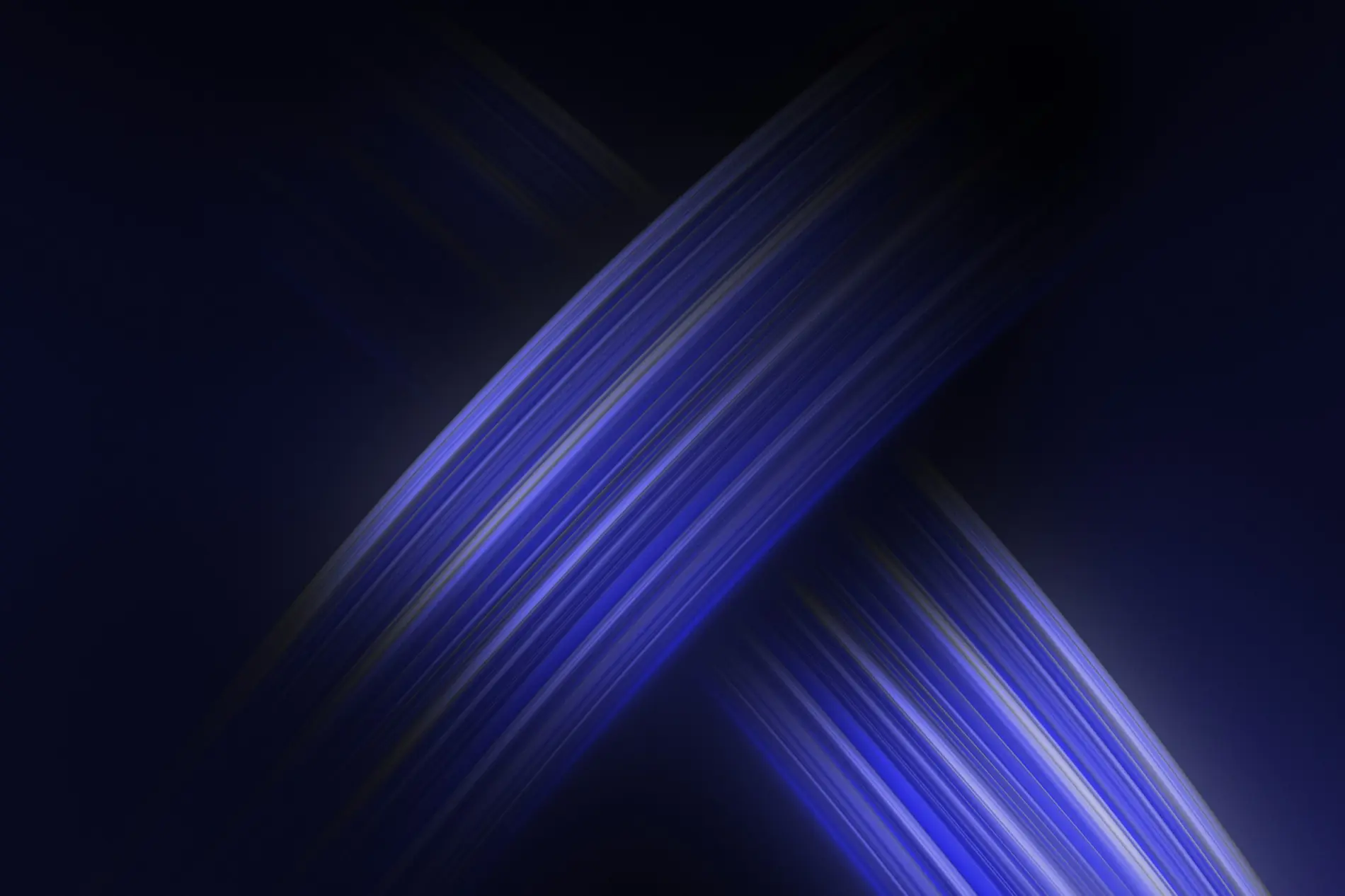 Intersecting diagonal blue light beams on a dark background creating an abstract X shape.