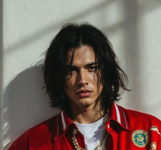 A man with long hair wearing a red jacket.